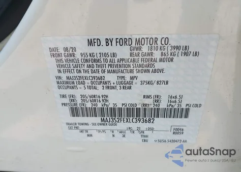 2020 Ford Ecosport S z USA, uszkodzony, nr VIN MAJ3S2FEXLC393682